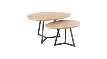 Salontafelset Locarnio van Pronto Wonen met twee ronde bladen in Misty Oak en zwart metalen onderstellen.