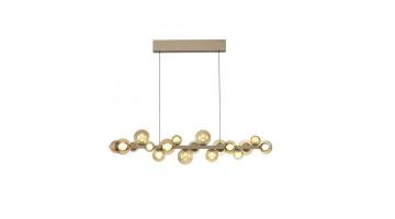 PURE E-Popup LED hanglamp bronskleur met amberkleurige glazen bollen en strak rechthoekig plafondpaneel.