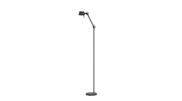 Zwarte design vloerlamp met verstelbare arm en slanke voet