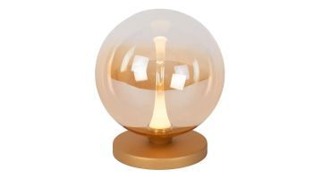 Close-up van de Lucide Tafellamp Gisela Amber met amberkleurige glazen bol en gouden voet.