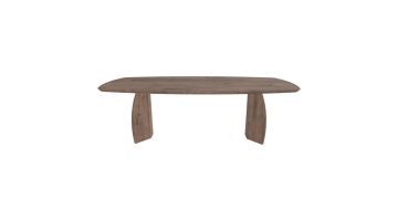 Dutch Oak Steel eettafel Kildrum met houten blad en brede gebogen poten, frontaal in beeld.
