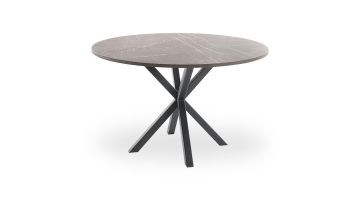 Ronde eettafel Rizoma met een donker marmerdecor blad en zwart metalen spinpoot.