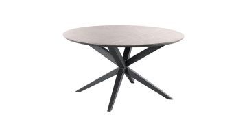 Ronde eettafel Warita van Inhouse met een keramisch blad in grijstint en een robuust zwart metalen kruispoot.