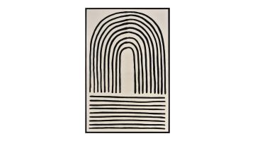 Abstracte wanddecoratie Arch 3D met een boogvormig zwart lijnenspel op een crèmekleurige achtergrond, omlijst in een zwarte lijst.