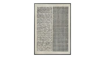 Abstracte 3D-wanddecoratie in een zwart metalen lijst. Het kunstwerk is verdeeld in twee delen: links een patroon van onregelmatige zwarte strepen op een beige achtergrond, rechts een raster van zwarte stippen op een licht oppervlak.