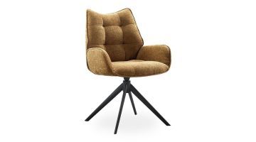 Eetkamerstoel Rindo in trendy kleur met zachte Movie-stof, zwarte metalen draaipoot en doorgestikte rugleuning