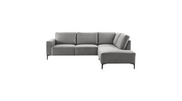 grijze hoekbank Fabria van Pronto Wonen met zwarte metalen poten en een minimalistisch design.