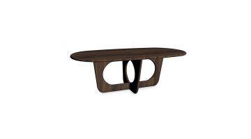 Eettafel Aseri van Profijt Meubel in ovale vorm met gekruist onderstel en open ronde details, uitgevoerd in Mango Brown Walnut.