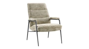 Schuin vooraanzicht van INHOUSE fauteuil Sealta in groene boucléstof met zwart metalen frame.