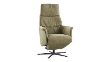 Relaxfauteuil Pomonti L in groen microleer met zwarte kruispoot, vooraanzicht schuin.