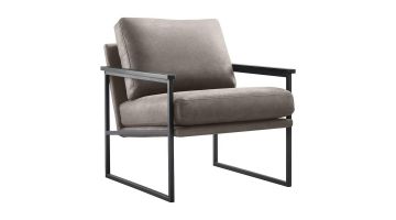 Pronto Wonen Fauteuil Claut Grafiet, schuin vooraanzicht met elegante grijze bekleding en een modern zwart metalen frame.