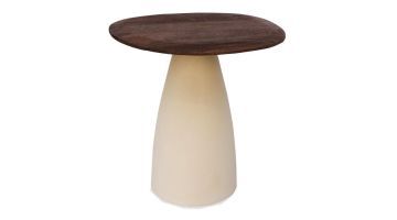 Miran bijzettafel met hardhouten blad en ivoorkleurige stalen poot, zijaanzicht.