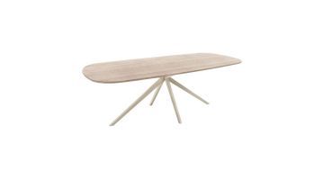 INHOUSE Tabiro eettafel met organisch gevormd licht houten blad en een beige metalen spinpoot, schuin zijaanzicht.