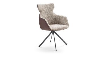 Eetkamerstoel Dutchz 2209 met beige gemêleerde stof aan de binnenzijde en bruine leren buitenzijde, schuin van voren gefotografeerd.