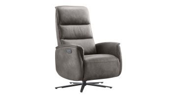 Grijze elektrische relaxfauteuil Volgere van Pronto Wonen met hoge rugleuning en stervoet in zwarte uitvoering.