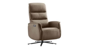 donkerbruine elektrische relaxfauteuil Volgere van Pronto Wonen met hoge rugleuning en stervoet in zwarte uitvoering.