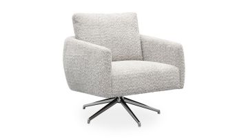 Fauteuil Livo van Trendhopper in grijze bouclé stof, schuin vooraanzicht.