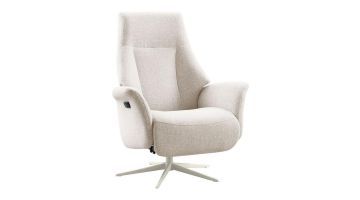 Beige INHOUSE relaxfauteuil Hessa L in zijaanzicht met witte draaipoot.