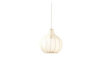 Hanglamp Elati in zandkleur met textiele kap en organische vorm, ophangend aan een snoer.