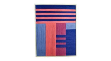 Kersten Wandplaat Touw Multi met levendige roze, blauwe en paarse tinten in een geometrisch patroon, omlijst met een neutrale rand.