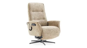 Relaxfauteuil Hezia in beige stof met vijfteensvoet.