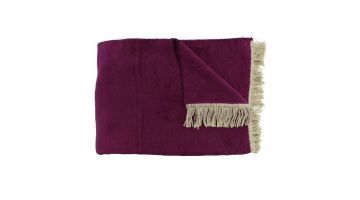 Paarskleurige Claudi plaid Paulos met beige franjes, deels omgeslagen voor textuurweergave.
