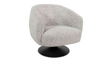 Draaifauteuil Louis in ecru stof met zwarte trompetvoet, vooraanzicht.