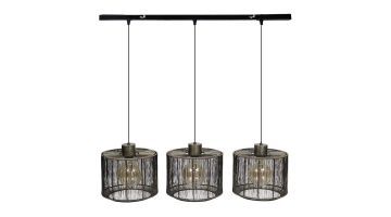 Zwarte hanglamp Bincerro met drie opengewerkte kappen aan een minimalistische plafondbalk.