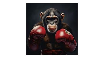Boksende aap met rode bokshandschoenen op donkerkleurig glasschilderij van Ter Halle.