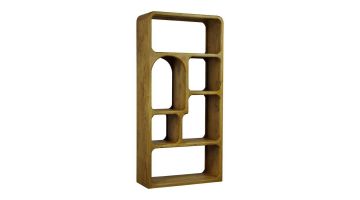 Rechthoekige vakkenkast Wakefield met speels verdeelde open vakken in verschillende formaten, gemaakt van warm mangohout.