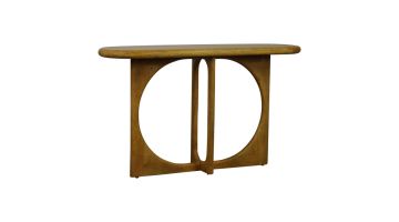 Sidetable Wakefield van massief hout met afgerond blad en opvallend onderstel met ronde uitsparingen.