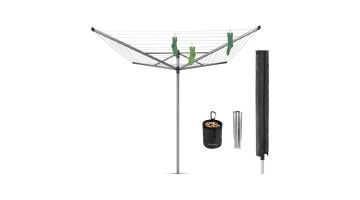 Brabantia Lift-O-Matic Advance droogmolen met accessoires zoals hoes, knijpertas en grondanker.