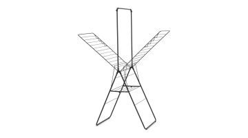 Vrijstaand Brabantia droogrek met uitklapbare vleugels en een hoge stang in zwarte uitvoering, geschikt voor kleerhangers en liggende was.