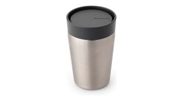 Brabantia Make & Take Thermosbeker 200 ml in roestvrij staal met donkergrijze deksel.