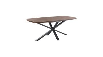 Deens ovale eettafel Caltana met warm bruine houtlook en zwarte metalen spinpoot, zijaanzicht.