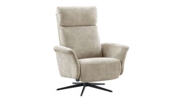 Relaxfauteuil Heranti S in grijs microleder met zwarte 5-teensvoet, schuin vooraanzicht.