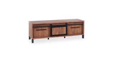 TV-meubel Alva van hout met metalen schuifdeur en zwarte accenten.