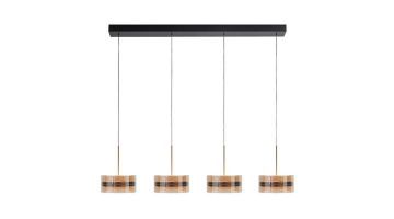 Highlight Hanglamp Enzo met vier transparante glazen kappen en gouden accenten, bevestigd aan een zwarte balk.