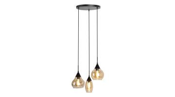 Pronto Wonen hanglamp Lungo 3-lichts amber met drie glazen kappen in verschillende vormen, hangend aan zwarte ophanging. 