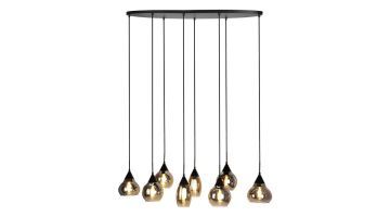 Pronto Wonen hanglamp Lungo 8-lichts smoke met acht glazen kappen in verschillende vormen, hangend aan zwarte plafondplaat.