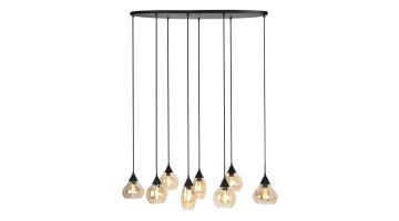 lungo hanglamp van pronto wonen met 8 verschillende bruine glazen lampjes aan zwarte snoeren. de lamp staat aan.