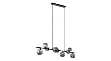 Pronto Wonen hanglamp Olivento 9-lichts in smoke glas met negen ronde glazen bollen op een zwarte balk, hangend aan twee kabels vanaf het plafond.