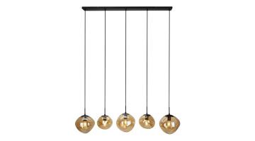 Pronto Wonen hanglamp Macato zwart met vijf amberkleurige glazen bollen aan zwarte snoeren, gezien vanaf de voorzijde.