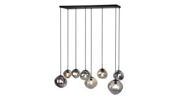 Pronto Wonen hanglamp Macato 8-lichts smoke met acht glazen kappen in verschillende hoogtes aan zwarte snoeren, met warme lichtbron.