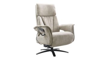 Relaxfauteuil Initio in beige microleer met zwarte draaivoet, schuin vooraanzicht.