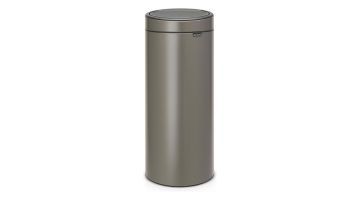 grijze prullebak van brabantia met touch bin deksel en zwart logo aan de voorkant.