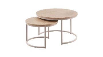 Pronto Wonen Salontafelset Lunata Misty Oak met twee ronde tafels van verschillend formaat en modern metalen onderstel.