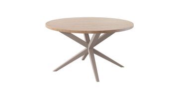 Ronde eettafel van 140 cm met een blad in misty oak en opvallend gekruist onderstel in beige metaal.