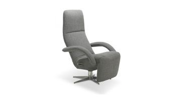 JORI Relaxfauteuil Yoga in grijze stof met metalen kruisvoet, verstelbare rug en voetensteun, schuin vooraanzicht.