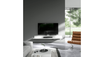 Spectral Air tv-meubel wit zwevend met soundbar en televisie in moderne woonkamer met grote ramen